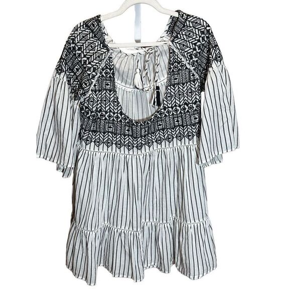 Free People Women's Boho Mini Lola Striped Dress White Black Tiered Embroidered - Picture 6 of 12